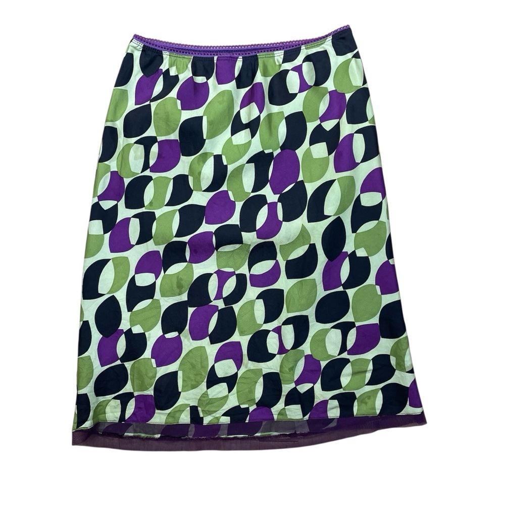 Vtg Lux Silk Skirt SM Purple Bold Quirky Retro Pencil Bratz Abstract Design Knee